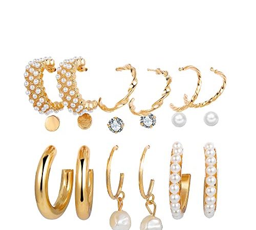 Vembley Combo 9 Pair Stunning Gold Plated Pearl Hoop , Drop, Tiny and Studs Earrings for Women & Girls