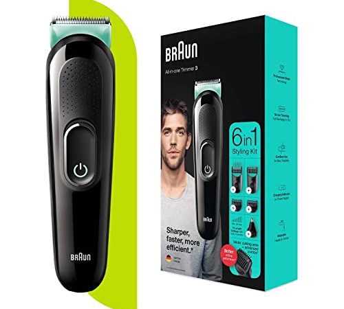 Braun MGK3321, 6-in-1 Beard Trimmer for Men from Gillette, All-in-One Tool, 5 attachments (Hair Clipper, For Face, Hair, Ear, Nose), Advanced German Engineering, 50 min Run Time, Lifetime Sharp Blades (Black / Vibrant Green)
