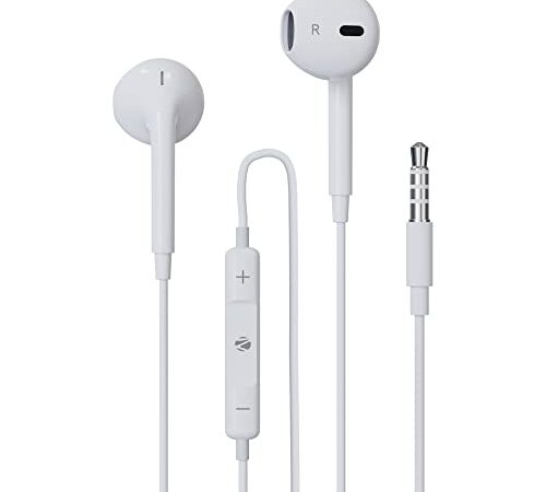 Zebronics Zeb-Buds 30 3.5Mm Stereo Wired In Ear Earphones With Mic For Calling, Volume Control, Multifunction Button, 14Mm Drivers, Stylish Eartip,1.2 Meter Durable Cable And Lightweight Design(White)